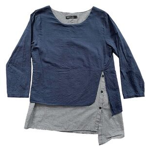 Zanzea Navy Blue & Gingham Faux-Layered Asymmetric Tunic